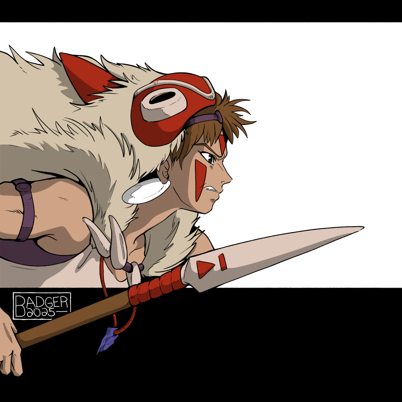 a redraw of a screenshot from the anime the princess mononoke, of san with her spear, riding into battle on the back of a wolf